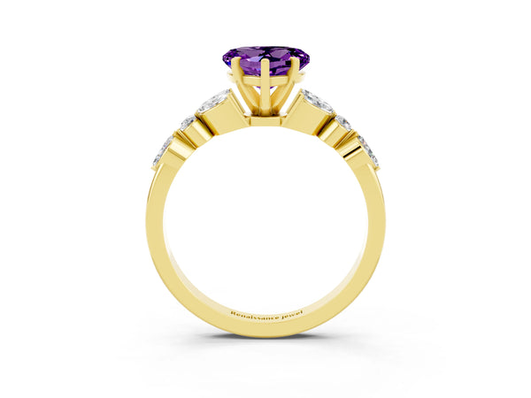 Yellow gold Heart Cut Amethyst Solitaire Ring with Side Stones and Four-Prong Setting