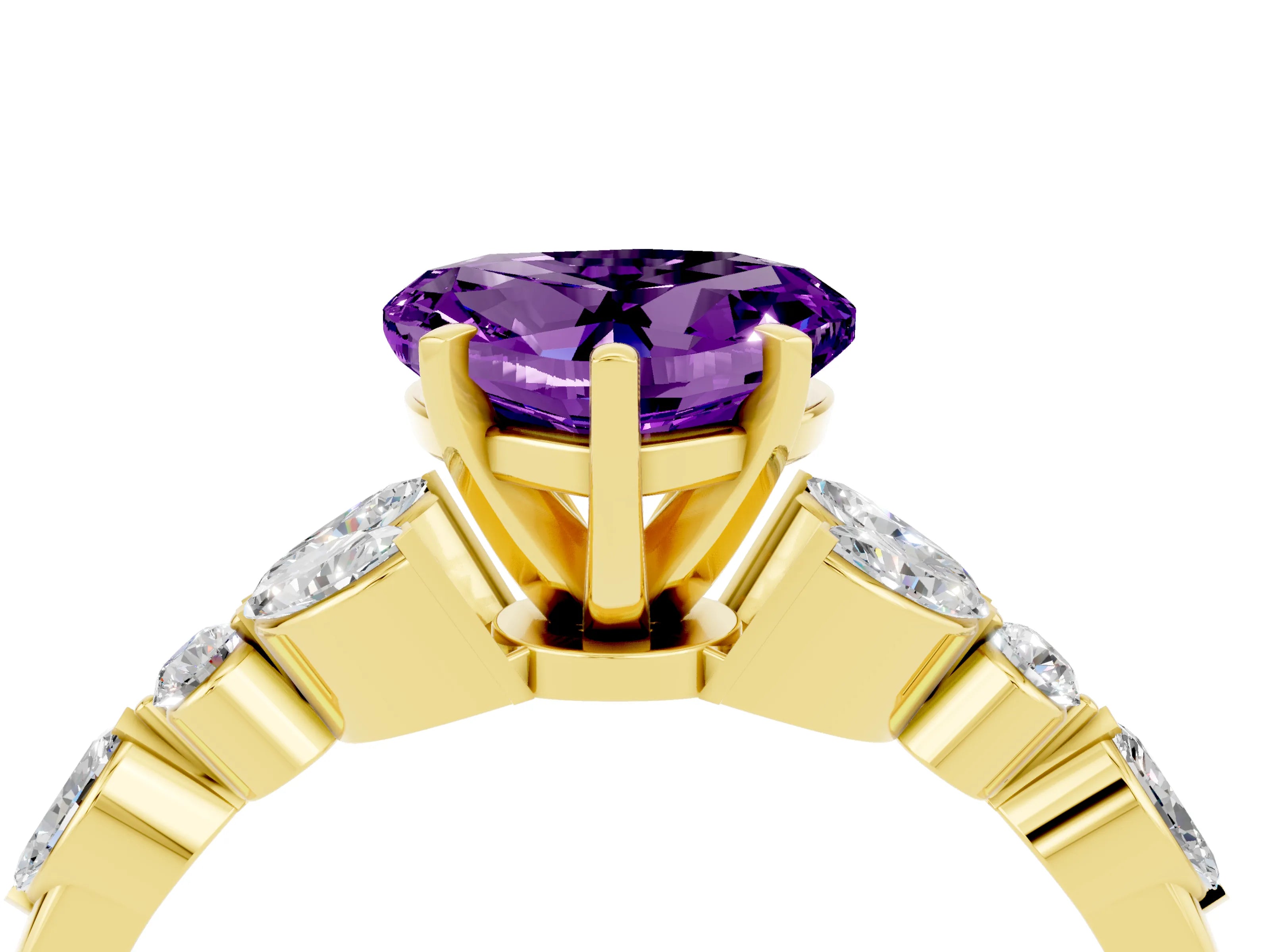 Yellow gold Heart Cut Amethyst Solitaire Ring with Side Stones and Four-Prong Setting_16