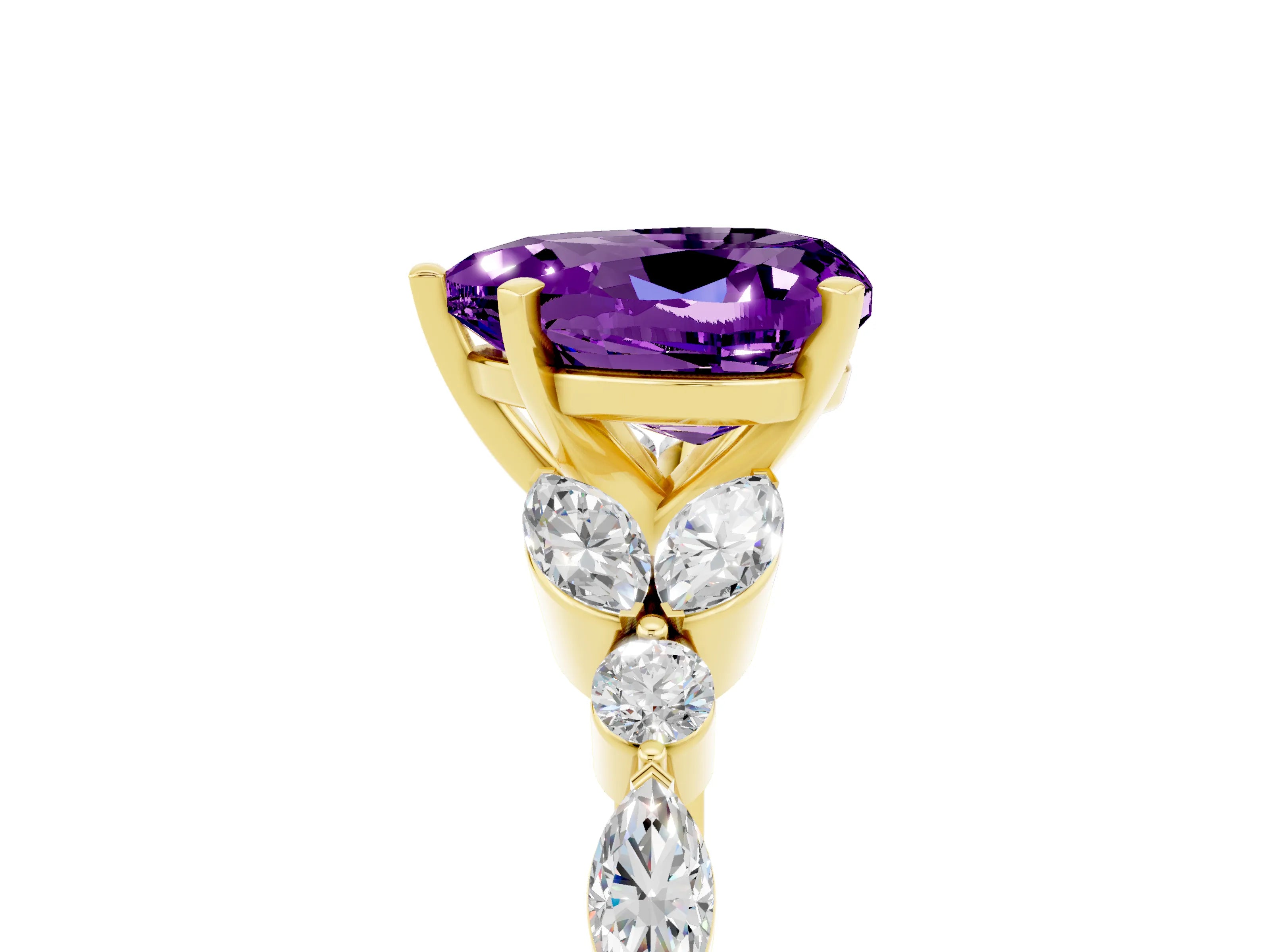 Yellow gold Heart Cut Amethyst Solitaire Ring with Side Stones and Four-Prong Setting_17