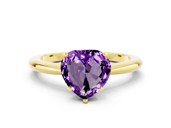 Yellow gold Heart Cut Amethyst Solitaire Ring with Six-Prong Setting and Classic Band