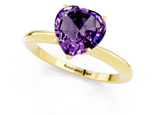 Yellow gold Heart Cut Amethyst Solitaire Ring with Six-Prong Setting and Classic Band