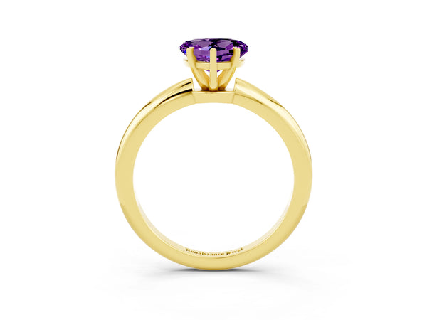 Yellow gold Heart Cut Amethyst Solitaire Ring with Six-Prong Setting and Classic Band