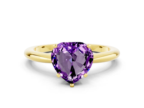 Yellow gold Heart Cut Amethyst Solitaire Ring with Six-Prong Setting and Classic Band