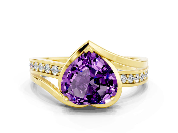 Yellow gold Heart Cut Amethyst Solitaire Ring with Split Shank and Prong Setting