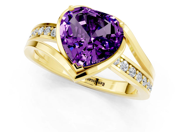 Yellow gold Heart Cut Amethyst Solitaire Ring with Split Shank and Prong Setting