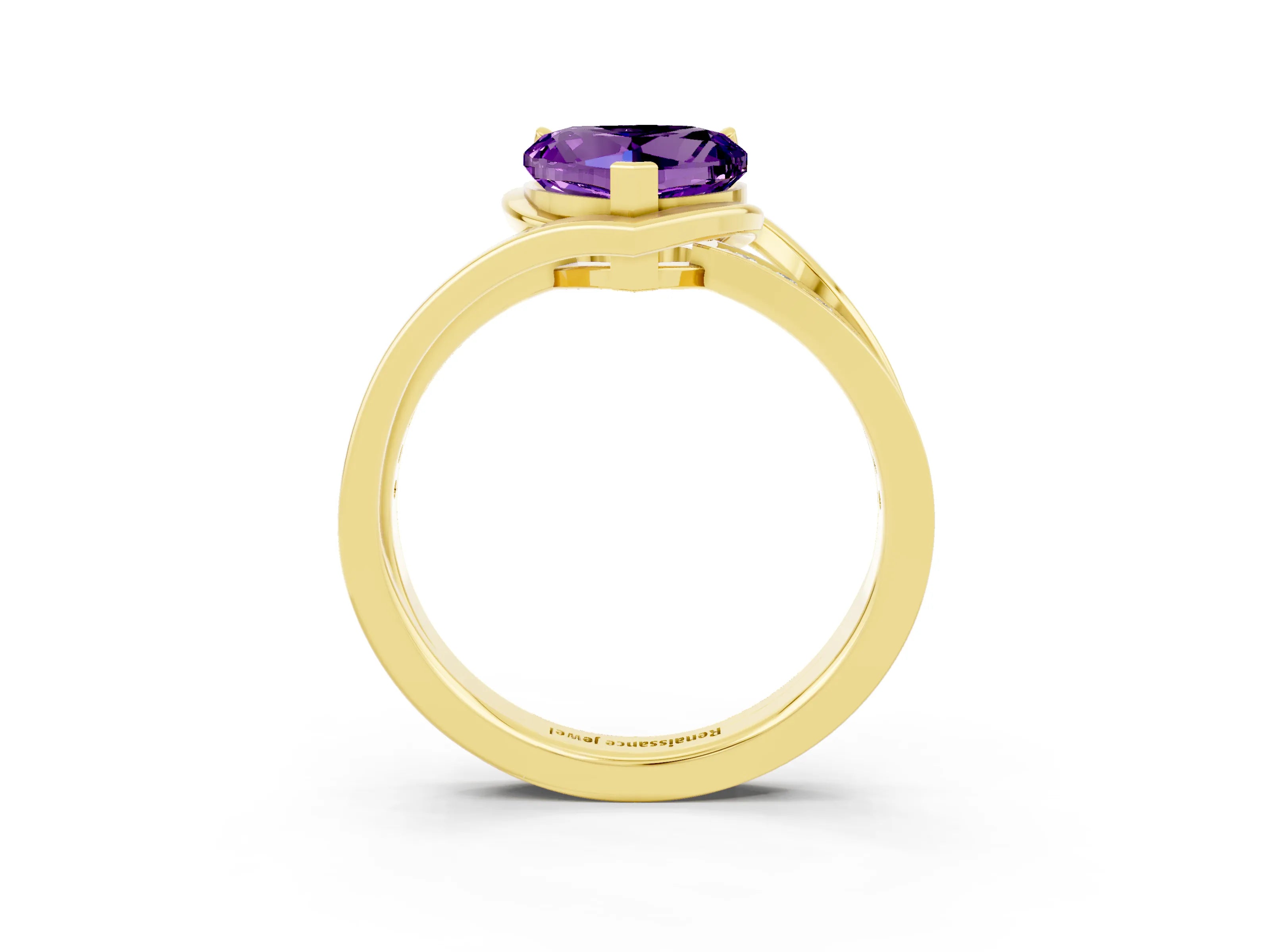 Yellow gold Heart Cut Amethyst Solitaire Ring with Split Shank and Prong Setting_3