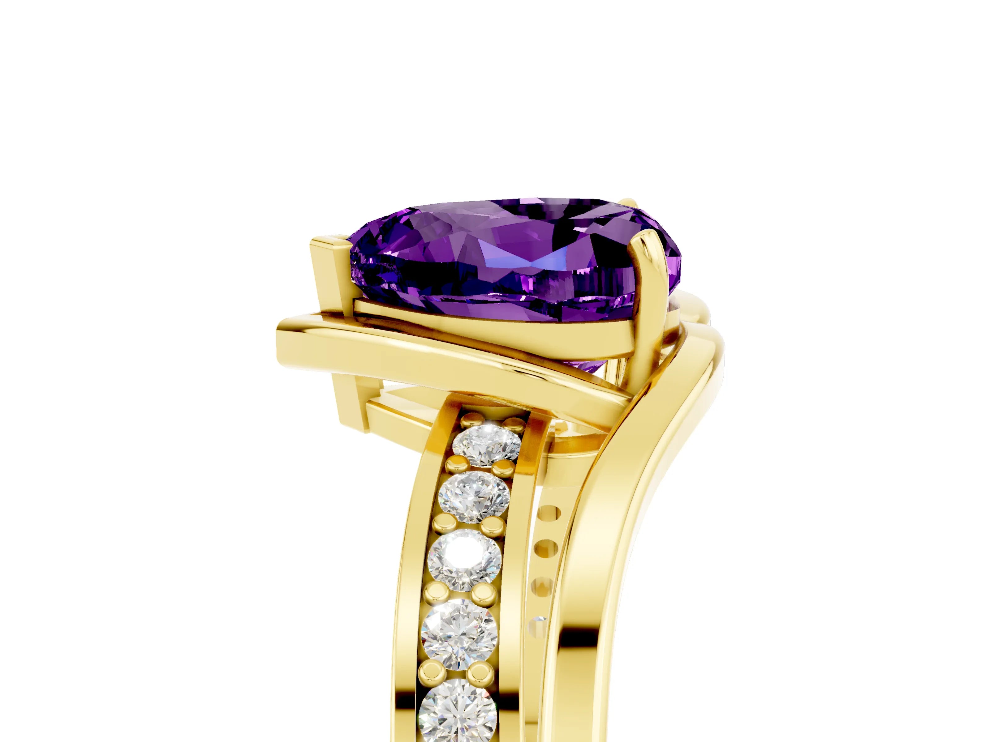 Yellow gold Heart Cut Amethyst Solitaire Ring with Split Shank and Prong Setting_5