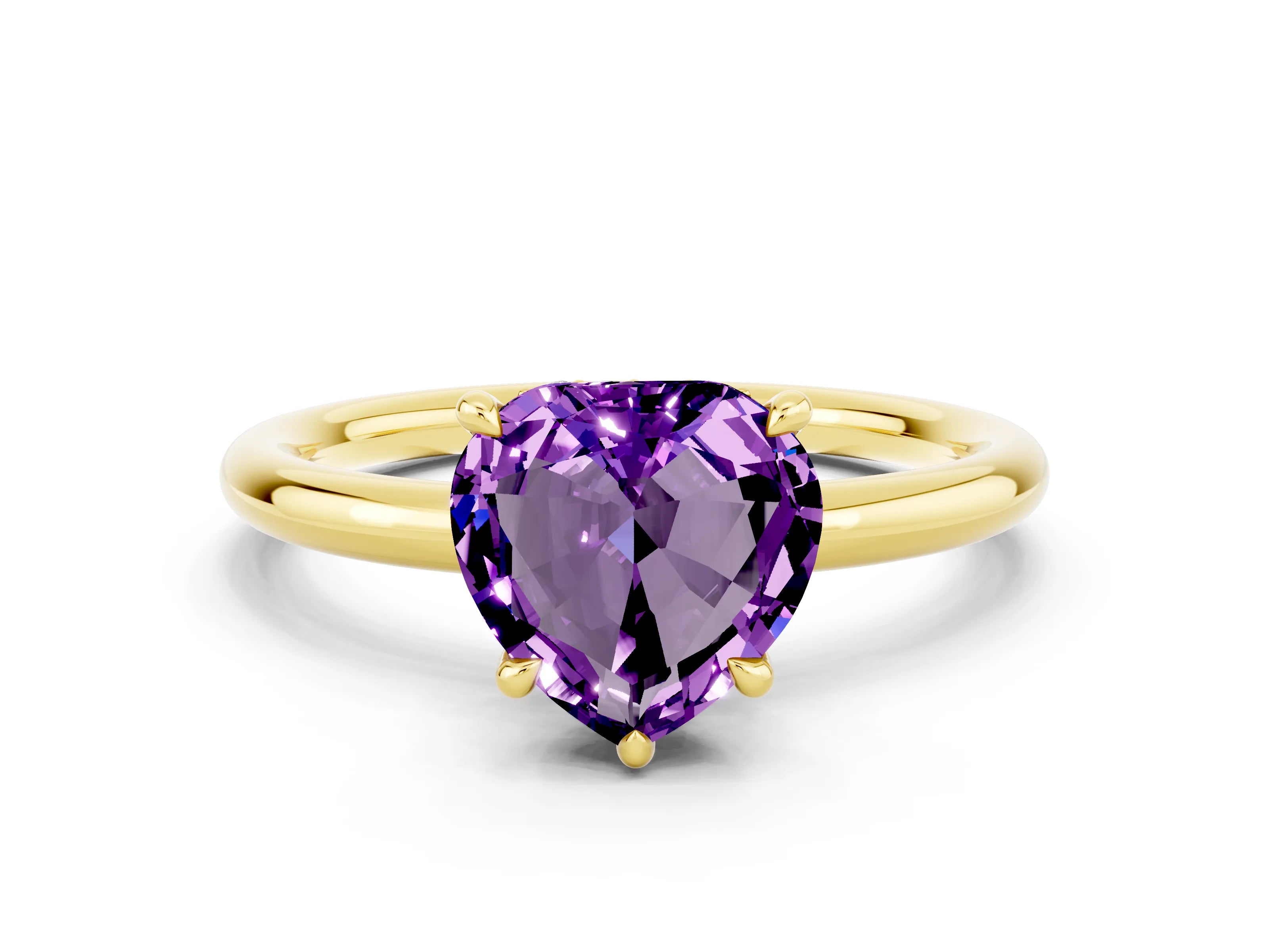 Yellow gold Heart Cut Amethyst Solitaire Ring with Thin Band and Four-Prong Setting