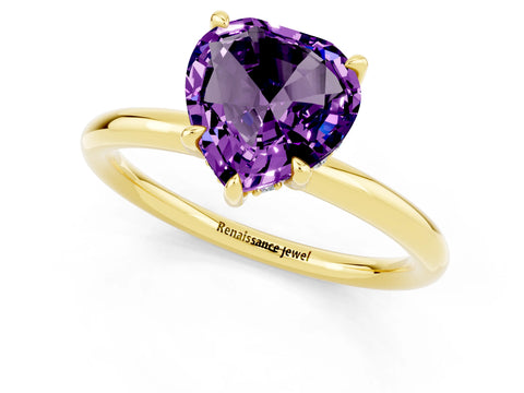 Yellow gold Heart Cut Amethyst Solitaire Ring with Thin Band and Four-Prong Setting_1