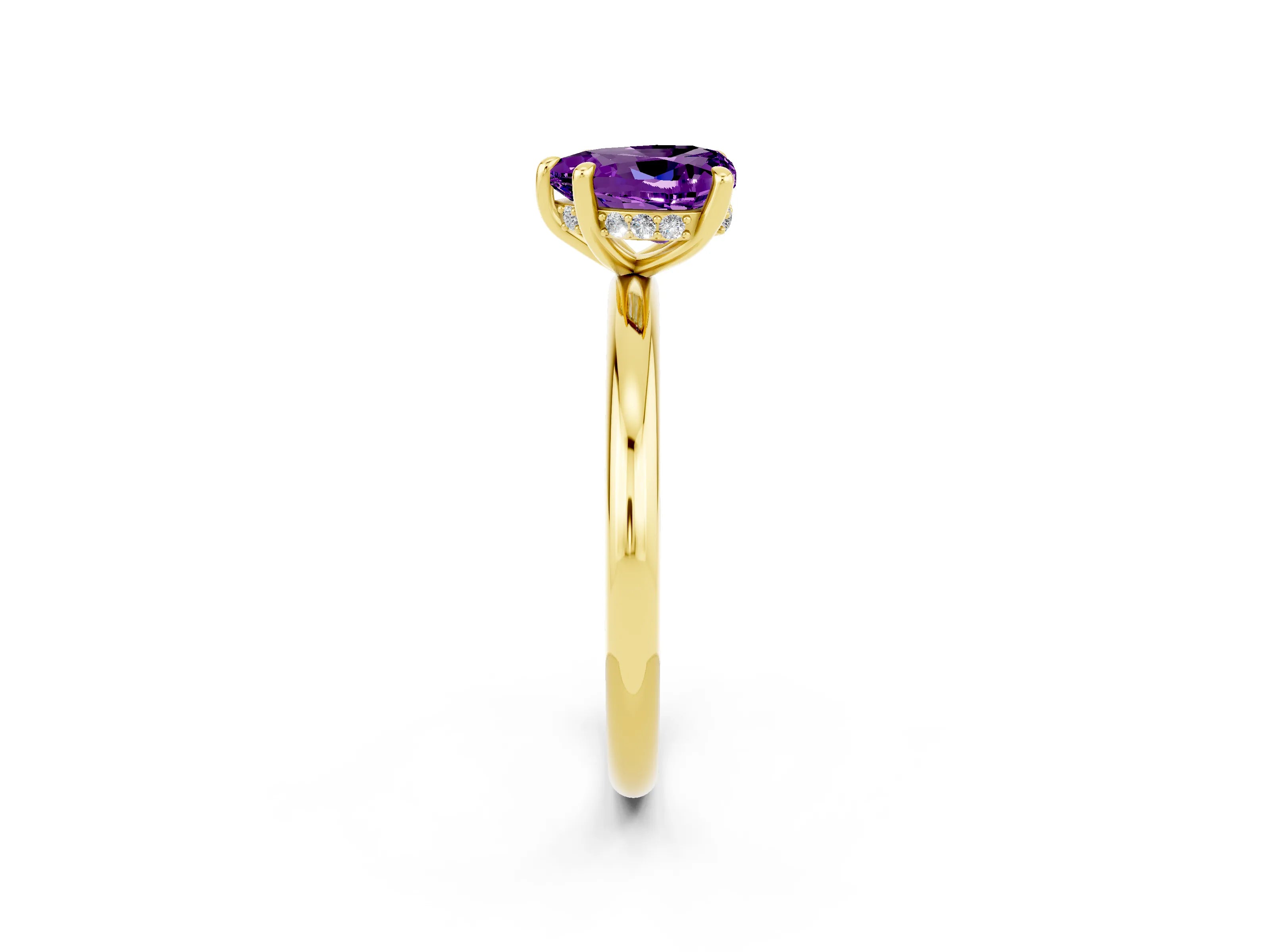 Yellow gold Heart Cut Amethyst Solitaire Ring with Thin Band and Four-Prong Setting_2