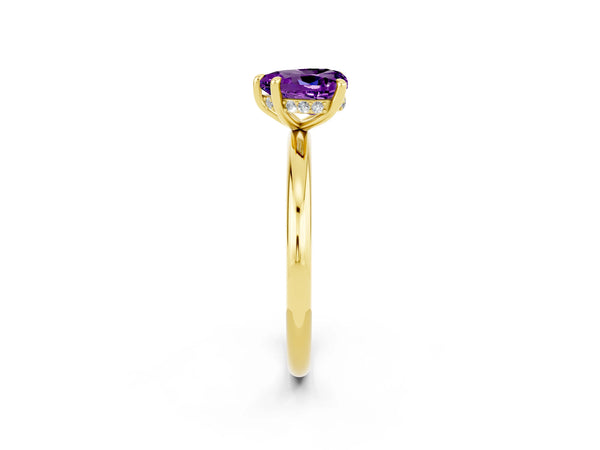 Yellow gold Heart Cut Amethyst Solitaire Ring with Thin Band and Four-Prong Setting