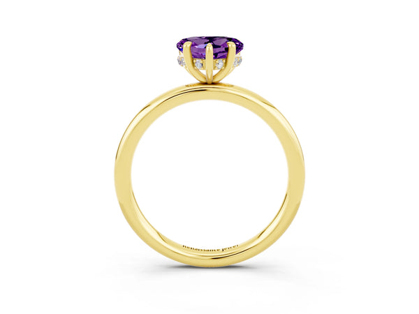 Yellow gold Heart Cut Amethyst Solitaire Ring with Thin Band and Four-Prong Setting