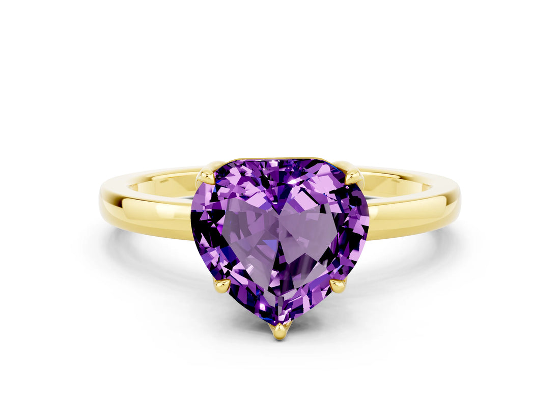 Yellow gold Heart Cut Amethyst Solitaire Ring with Thin Band and Prong Setting_18