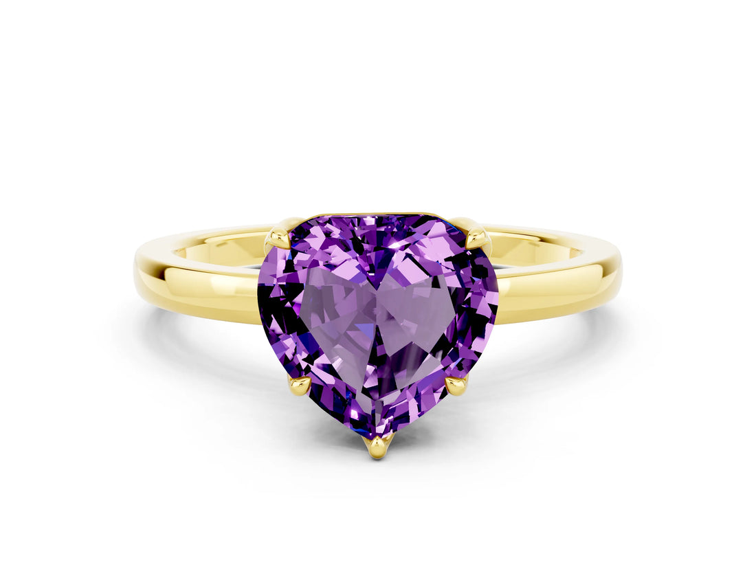 Yellow gold Heart Cut Amethyst Solitaire Ring with Thin Band and Prong Setting_36
