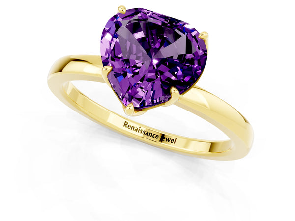Yellow gold Heart Cut Amethyst Solitaire Ring with Thin Band and Prong Setting