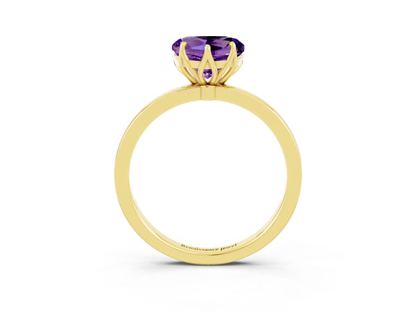Yellow gold Heart Cut Amethyst Solitaire Ring with Thin Band and Prong Setting