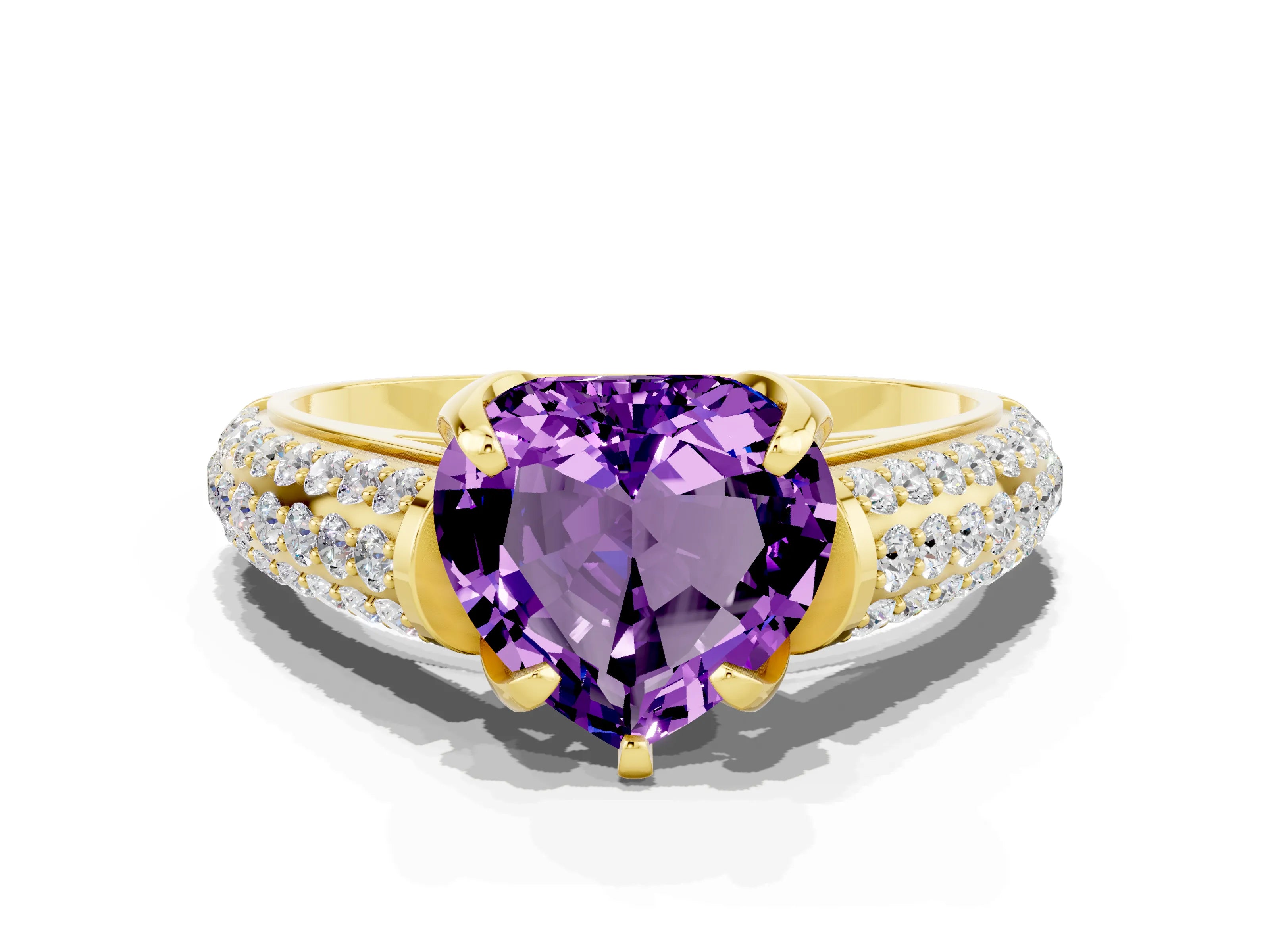 Yellow gold Heart Cut Amethyst Solitaire Ring with Three-Row Pavé Band and Four-Prong Setting_12