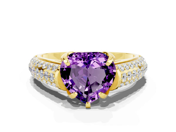 Yellow gold Heart Cut Amethyst Solitaire Ring with Three-Row Pavé Band and Four-Prong Setting