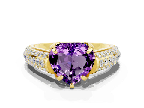 Yellow gold Heart Cut Amethyst Solitaire Ring with Three-Row Pavé Band and Four-Prong Setting_12