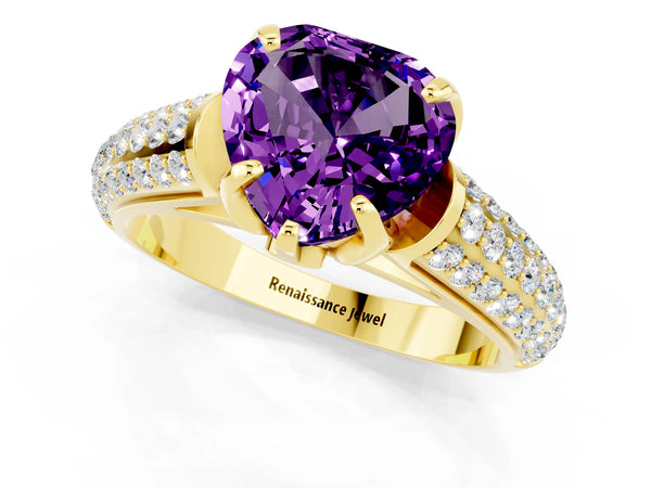 Yellow gold Heart Cut Amethyst Solitaire Ring with Three-Row Pavé Band and Four-Prong Setting
