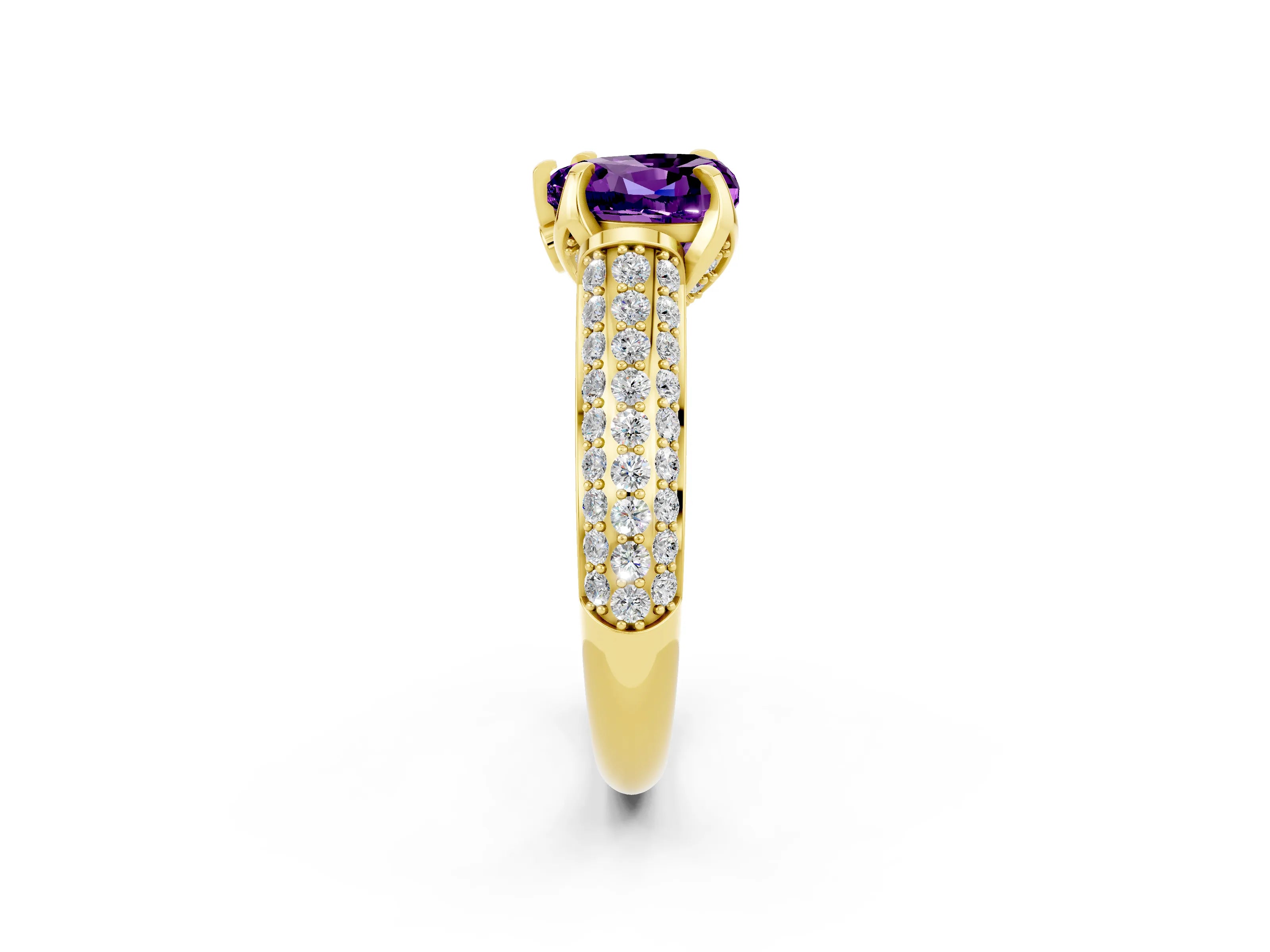 Yellow gold Heart Cut Amethyst Solitaire Ring with Three-Row Pavé Band and Four-Prong Setting_14