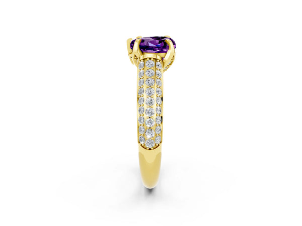 Yellow gold Heart Cut Amethyst Solitaire Ring with Three-Row Pavé Band and Four-Prong Setting