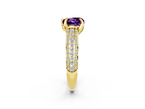 Yellow gold Heart Cut Amethyst Solitaire Ring with Three-Row Pavé Band and Four-Prong Setting_14