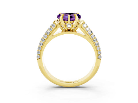 Yellow gold Heart Cut Amethyst Solitaire Ring with Three-Row Pavé Band and Four-Prong Setting_15