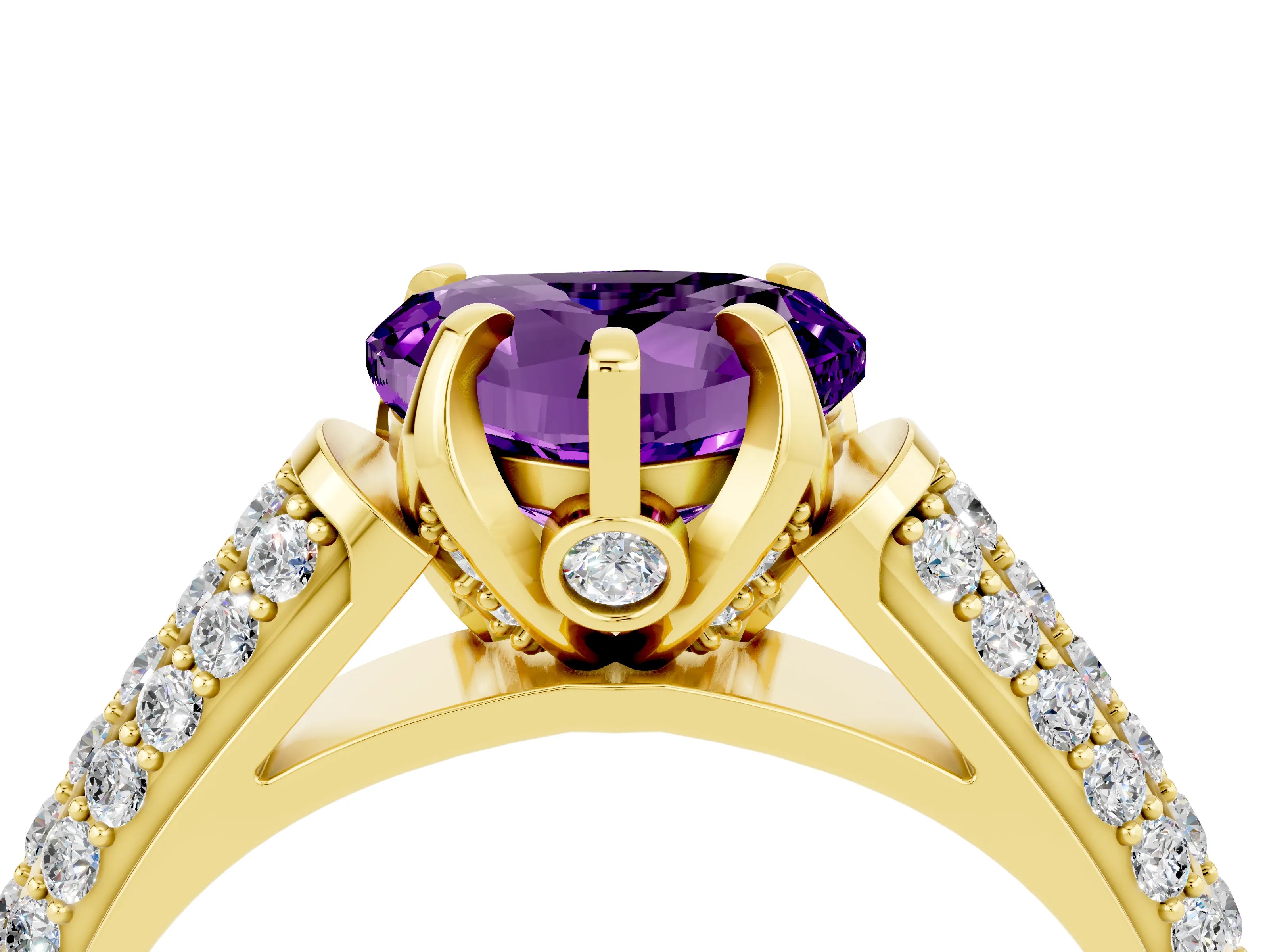 Yellow gold Heart Cut Amethyst Solitaire Ring with Three-Row Pavé Band and Four-Prong Setting_16