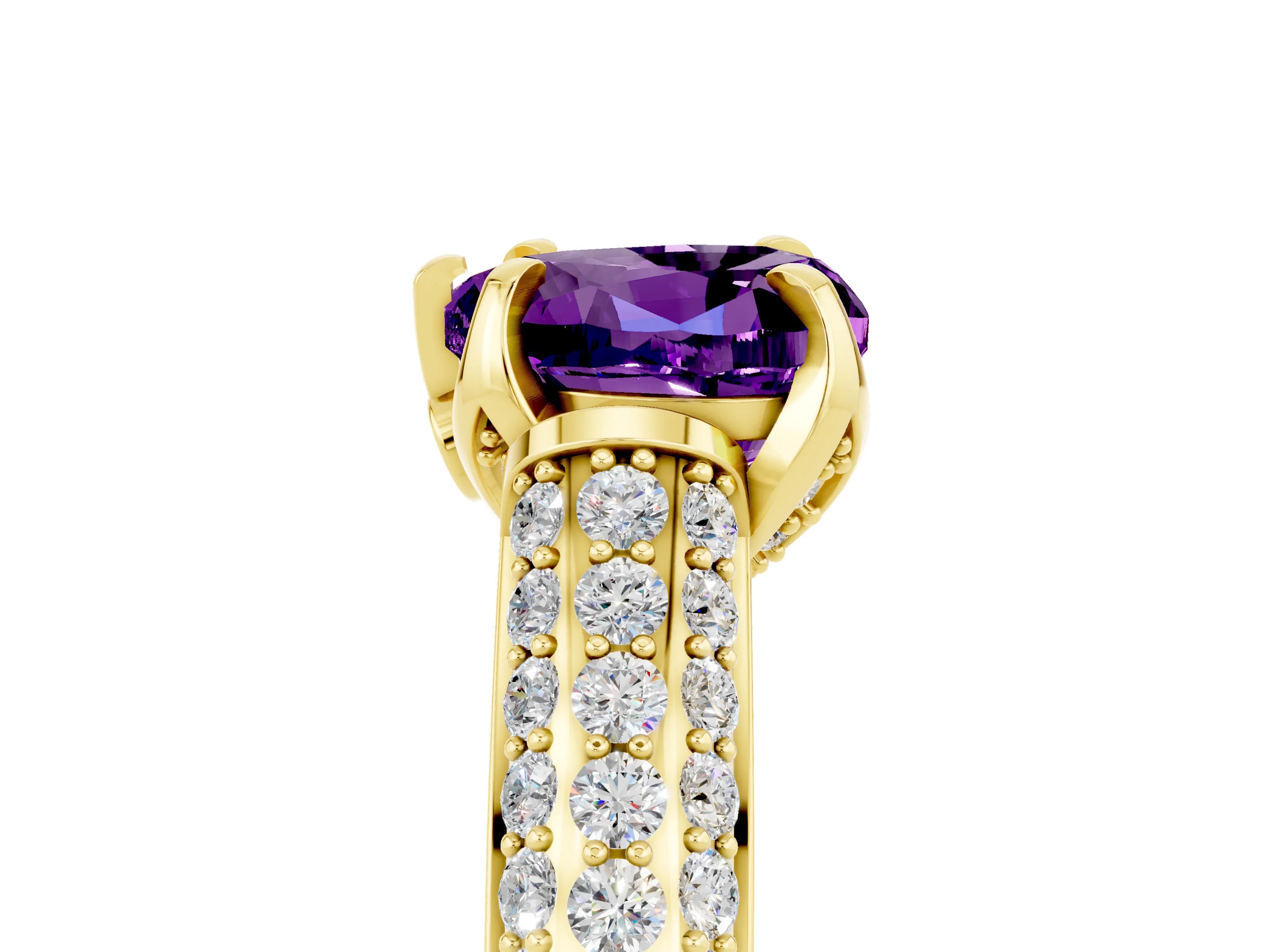 Yellow gold Heart Cut Amethyst Solitaire Ring with Three-Row Pavé Band and Four-Prong Setting_17