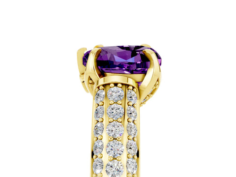Yellow gold Heart Cut Amethyst Solitaire Ring with Three-Row Pavé Band and Four-Prong Setting_17