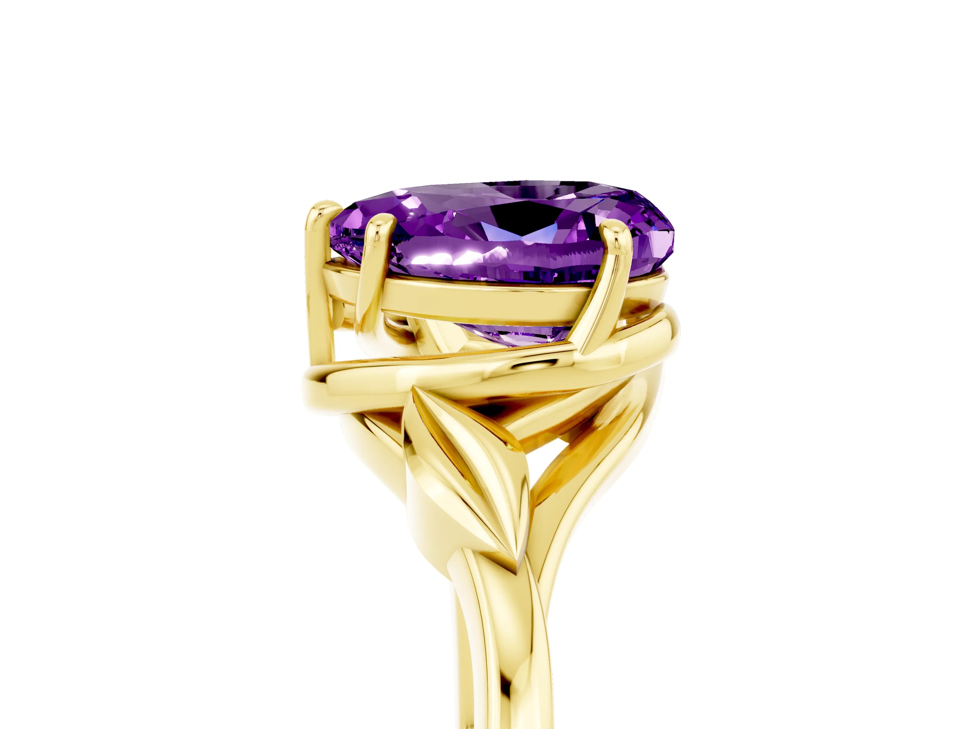 Yellow gold Heart Cut Amethyst Solitaire Ring with Twist Band and Four-Prong Setting_29