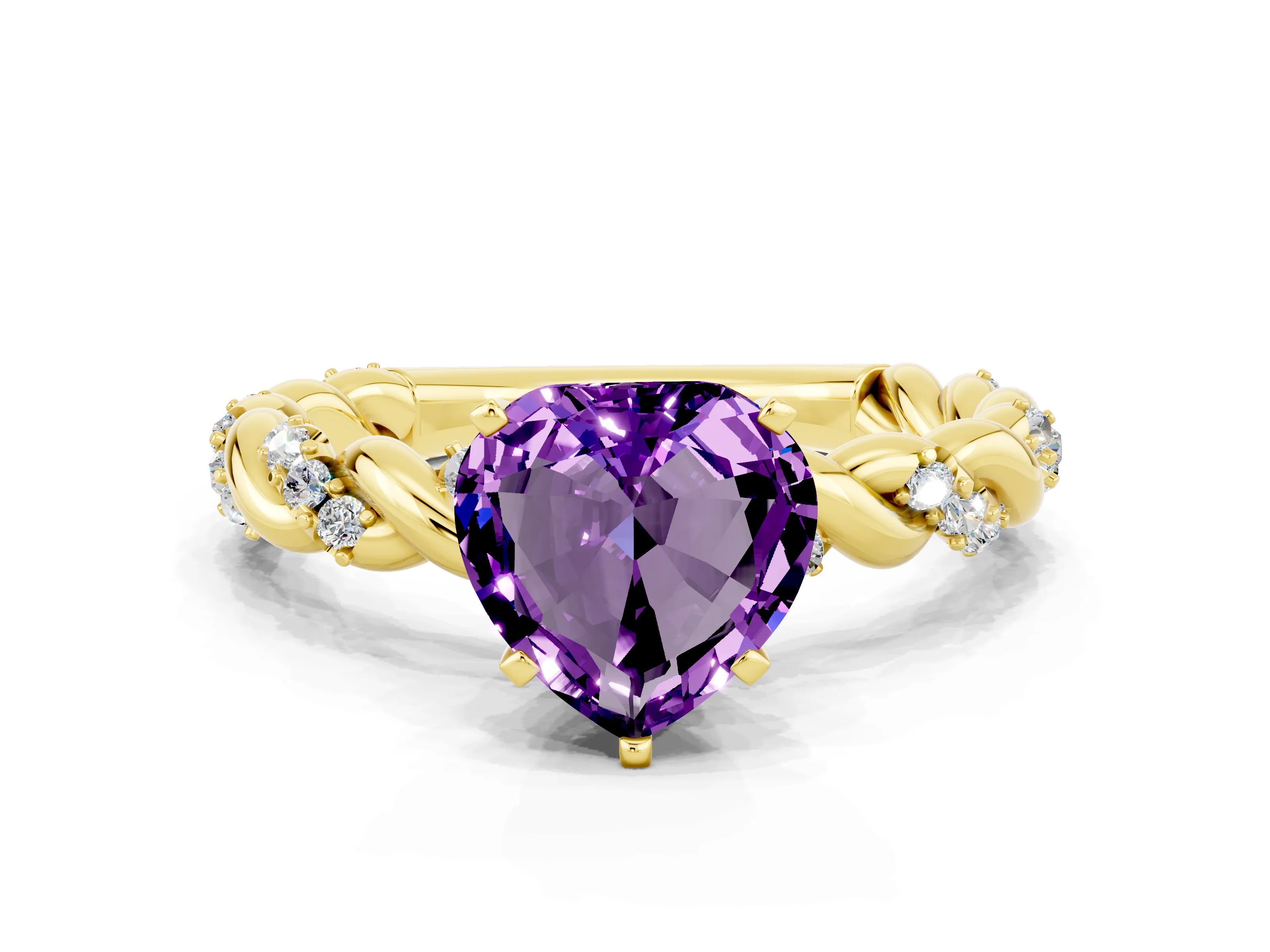 Yellow gold Heart Cut Amethyst Solitaire Ring with Twisted Band and Pavé Accents