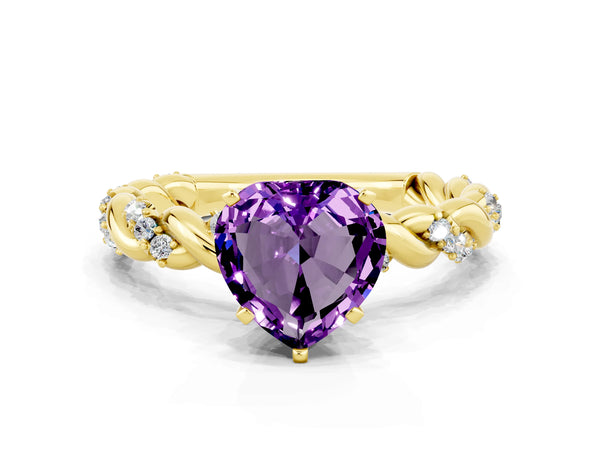 Yellow gold Heart Cut Amethyst Solitaire Ring with Twisted Band and Pavé Accents