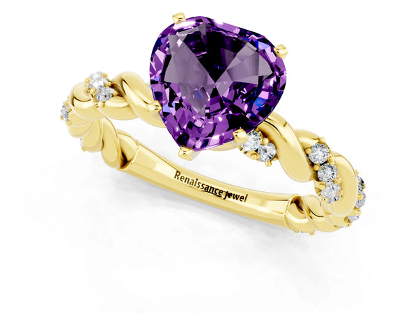 Yellow gold Heart Cut Amethyst Solitaire Ring with Twisted Band and Pavé Accents