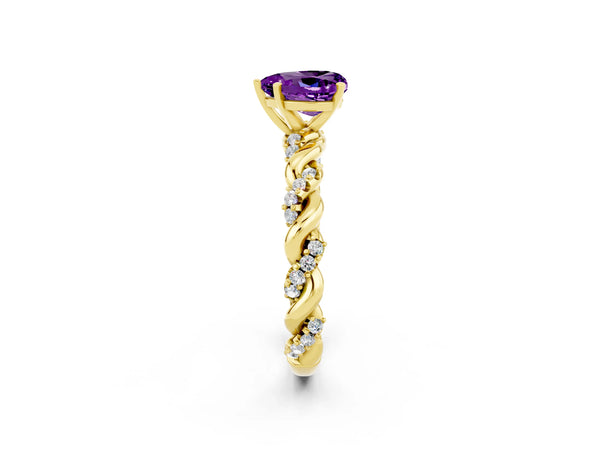 Yellow gold Heart Cut Amethyst Solitaire Ring with Twisted Band and Pavé Accents