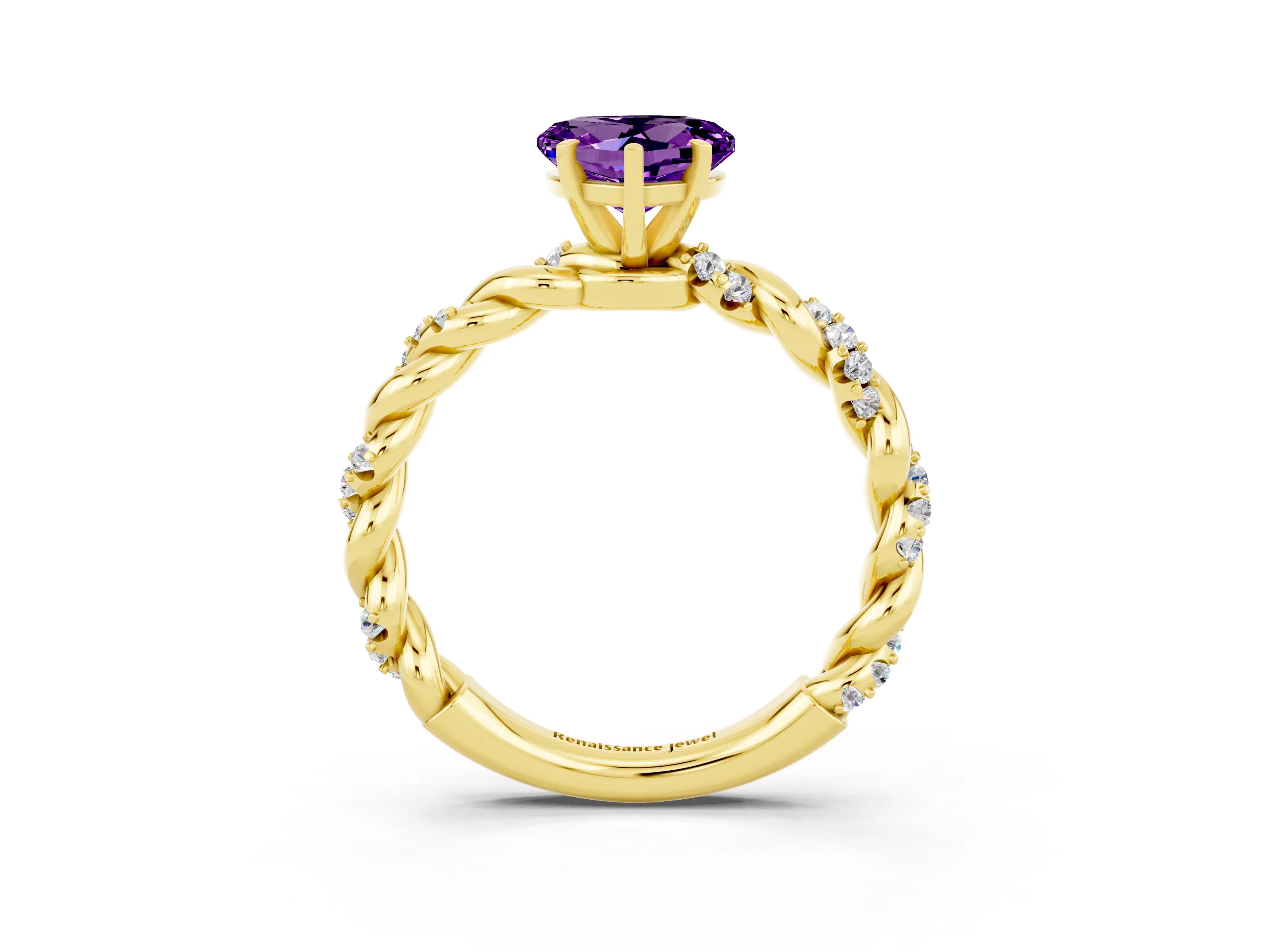 Yellow gold Heart Cut Amethyst Solitaire Ring with Twisted Band and Pavé Accents_3