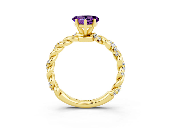 Yellow gold Heart Cut Amethyst Solitaire Ring with Twisted Band and Pavé Accents