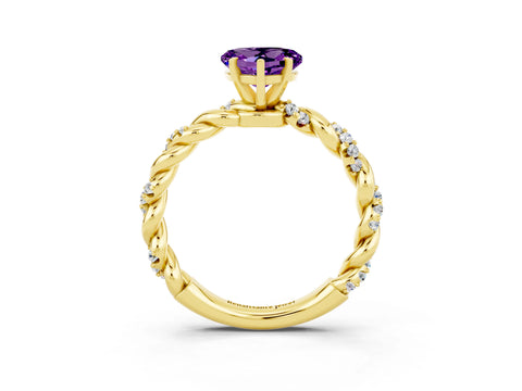 Yellow gold Heart Cut Amethyst Solitaire Ring with Twisted Band and Pavé Accents_3