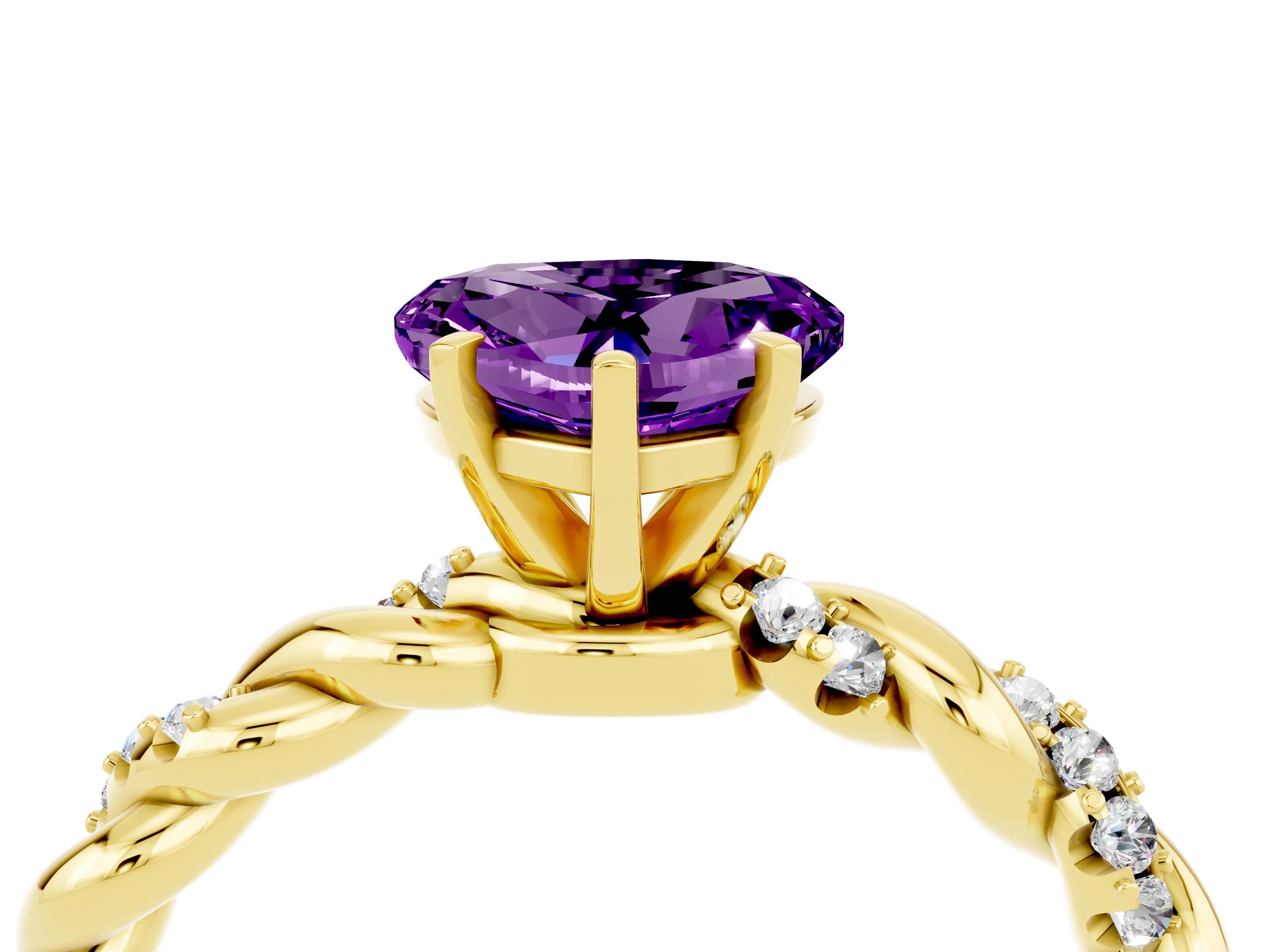Yellow gold Heart Cut Amethyst Solitaire Ring with Twisted Band and Pavé Accents_4