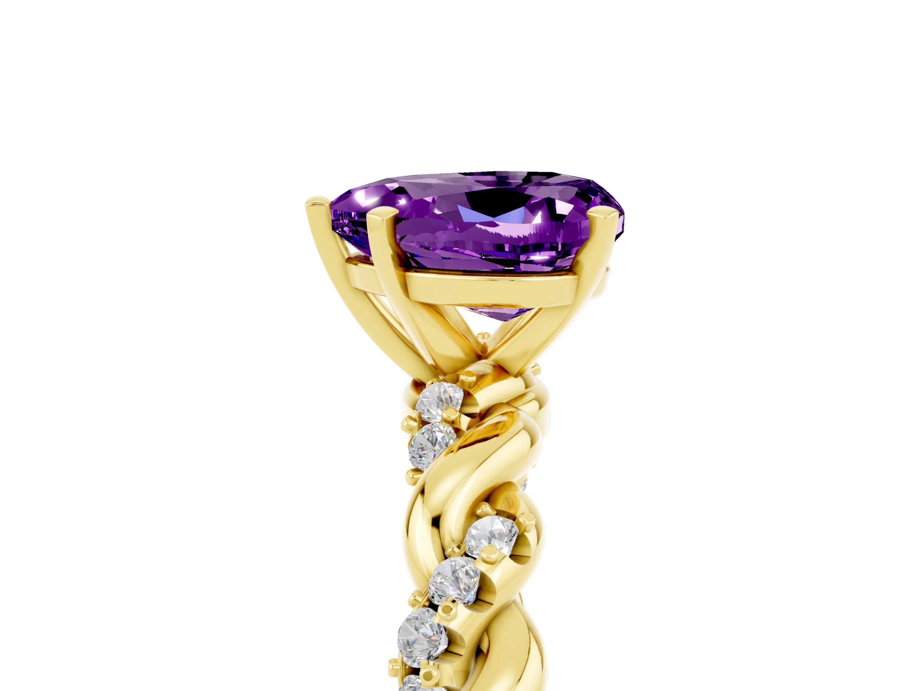 Yellow gold Heart Cut Amethyst Solitaire Ring with Twisted Band and Pavé Accents_5