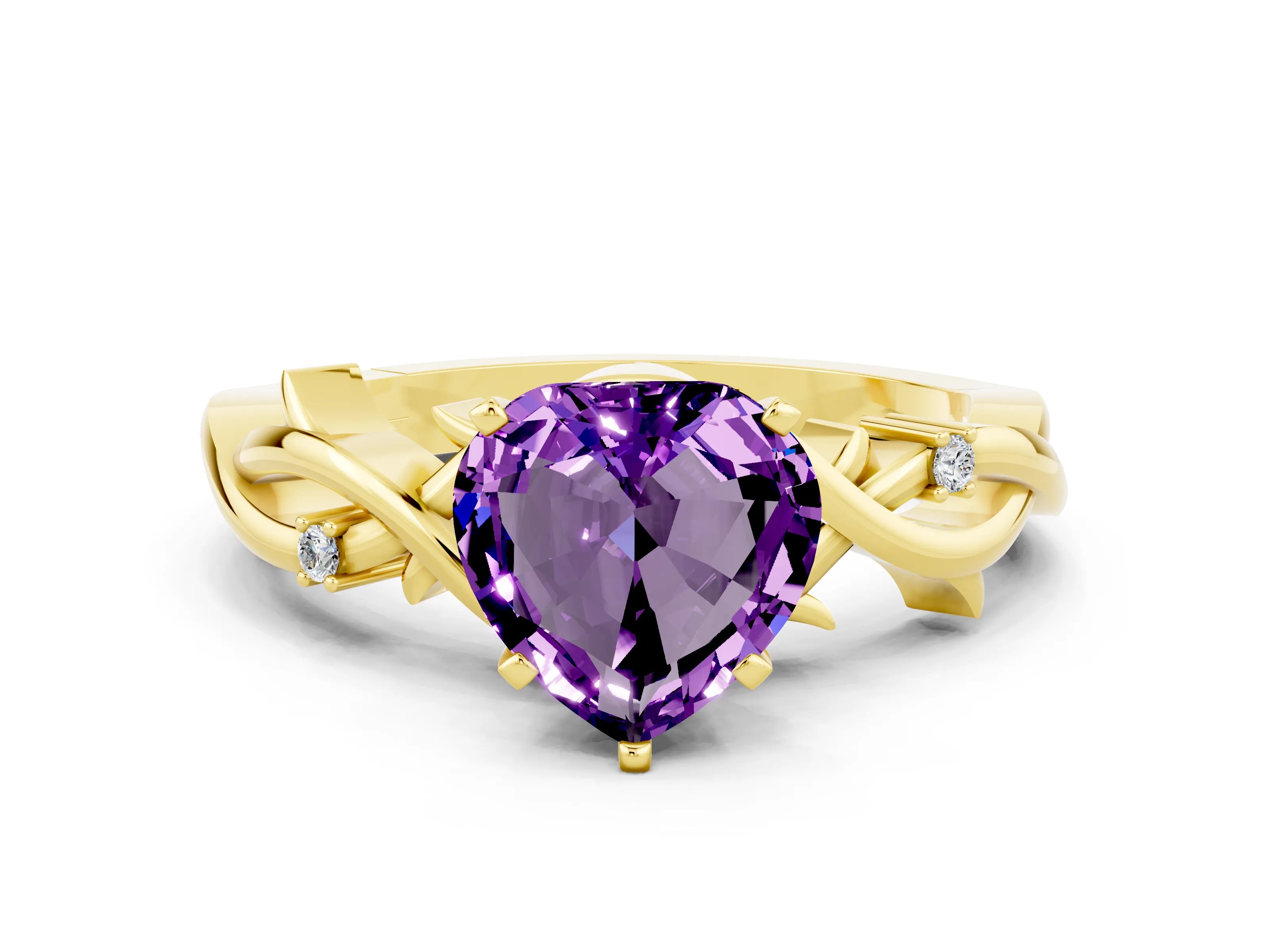 Yellow gold Heart Cut Amethyst Solitaire Ring with Twisted Band and Prong Setting