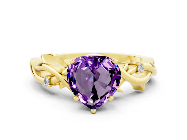 Yellow gold Heart Cut Amethyst Solitaire Ring with Twisted Band and Prong Setting