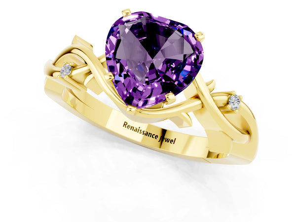 Yellow gold Heart Cut Amethyst Solitaire Ring with Twisted Band and Prong Setting