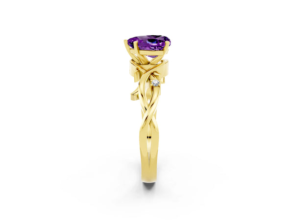 Yellow gold Heart Cut Amethyst Solitaire Ring with Twisted Band and Prong Setting