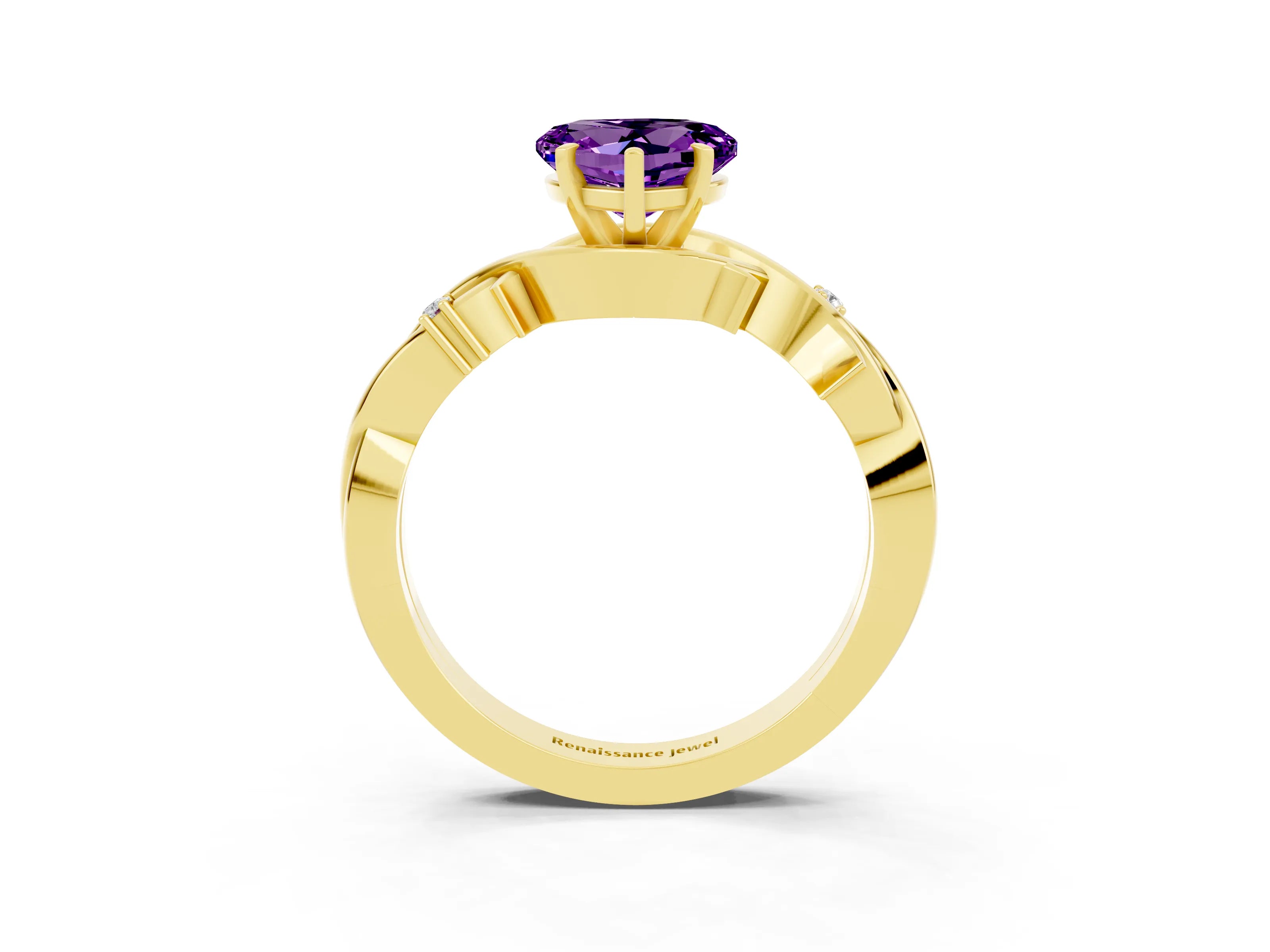 Yellow gold Heart Cut Amethyst Solitaire Ring with Twisted Band and Prong Setting_3