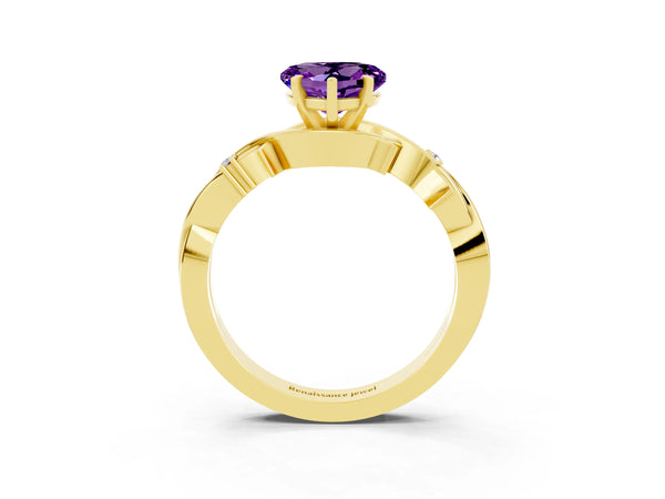Yellow gold Heart Cut Amethyst Solitaire Ring with Twisted Band and Prong Setting
