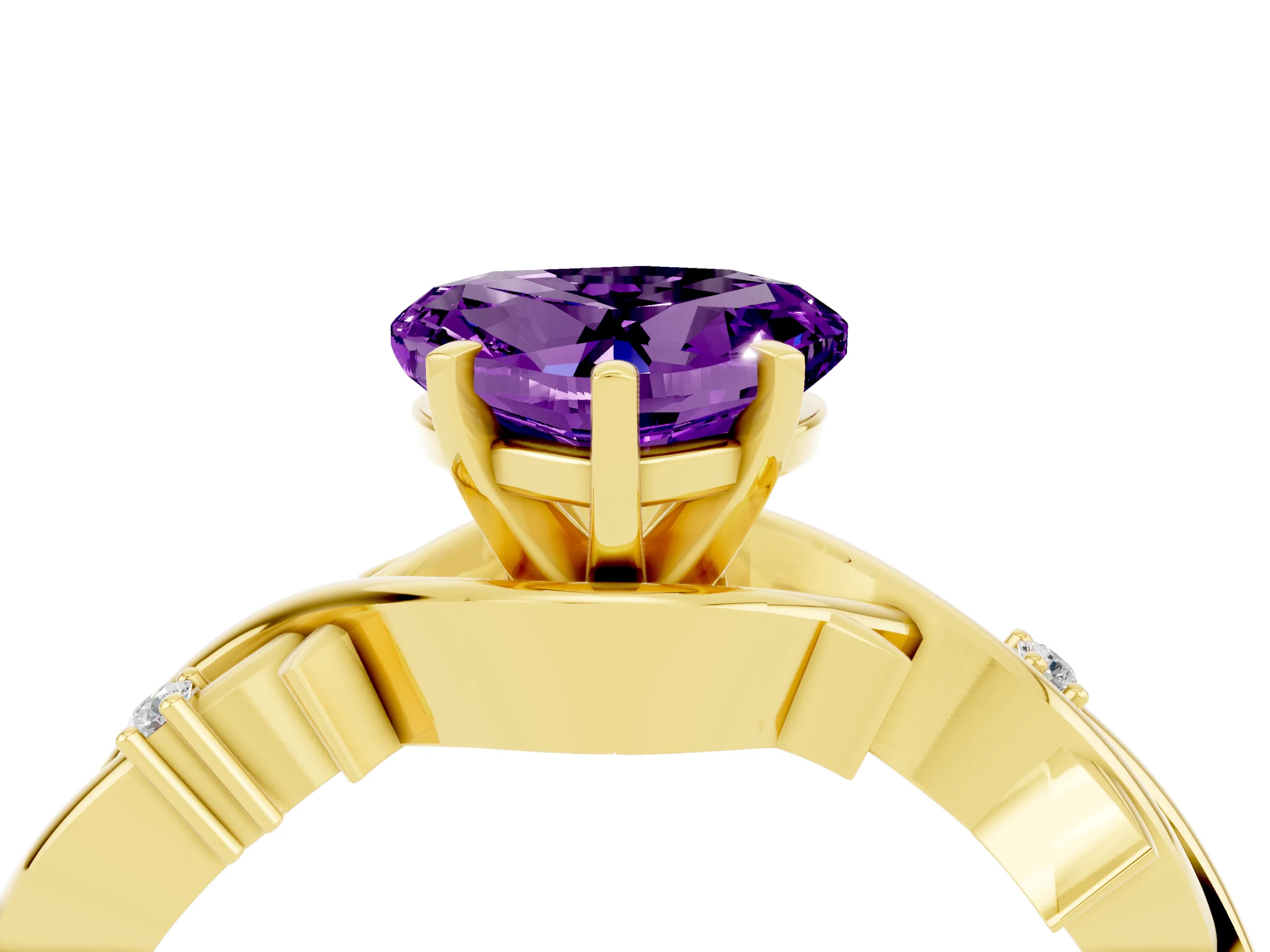 Yellow gold Heart Cut Amethyst Solitaire Ring with Twisted Band and Prong Setting_4