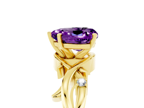 Yellow gold Heart Cut Amethyst Solitaire Ring with Twisted Band and Prong Setting_5
