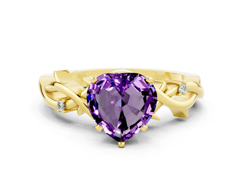 Yellow gold Heart Cut Amethyst Solitaire Ring with Twisted Band and Prong Setting